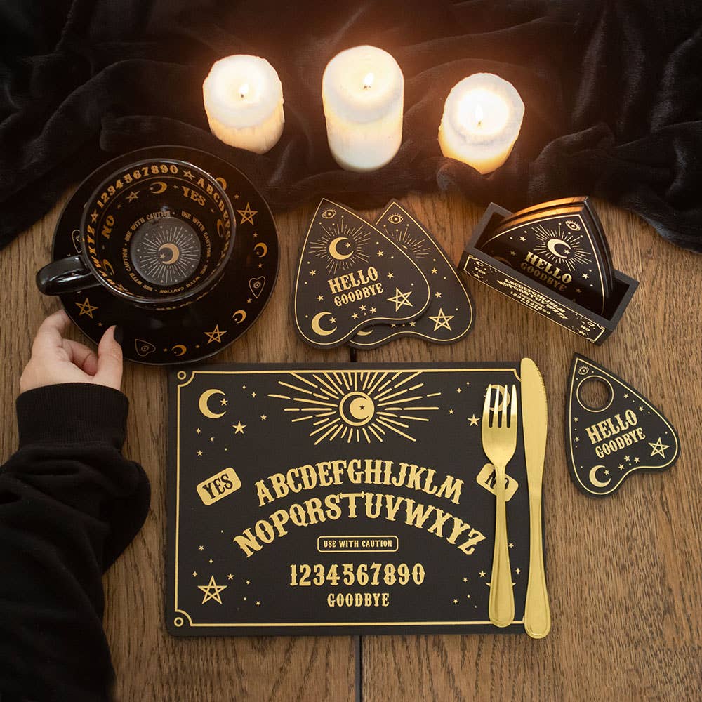 Schwarzes sprechendes gotisches Ouija-Brett Planchette Untersetzer-Set