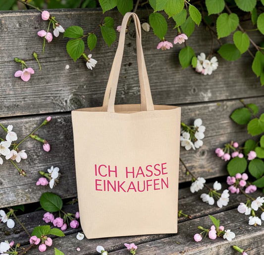 Baumwolltasche ICH HASSE EINKAUFEN Neon pink