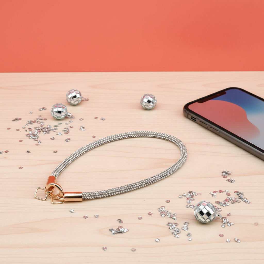 Handykette kurz Glitzer Silber