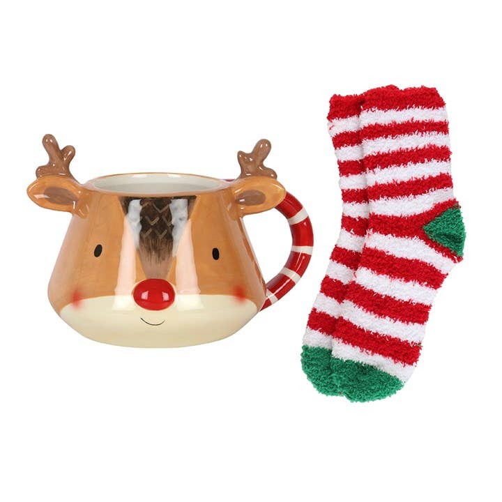 Weihnachtsset mit Tasse und Socken mit Rentiermotiv