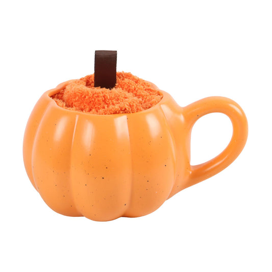 Herbst-Set: Tasse in Kürbisform mit flauschigen Socken
