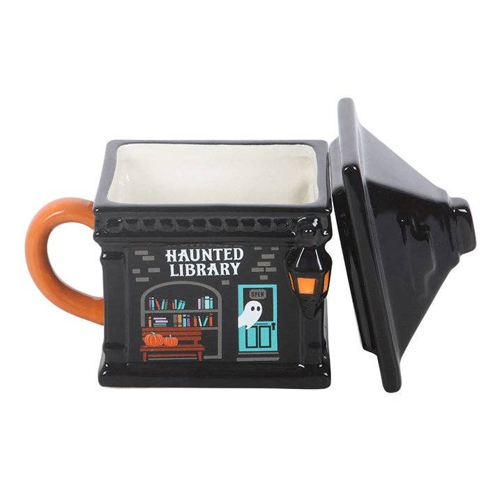 Halloween-Becher mit Deckel – Spukbibliothek