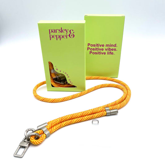 Handykette lang gelb gemustert silber