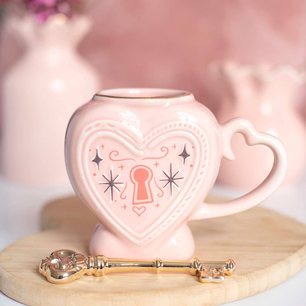 Rosa Herz-Tasse mit Schlüssel-Rührstab – 350 ml