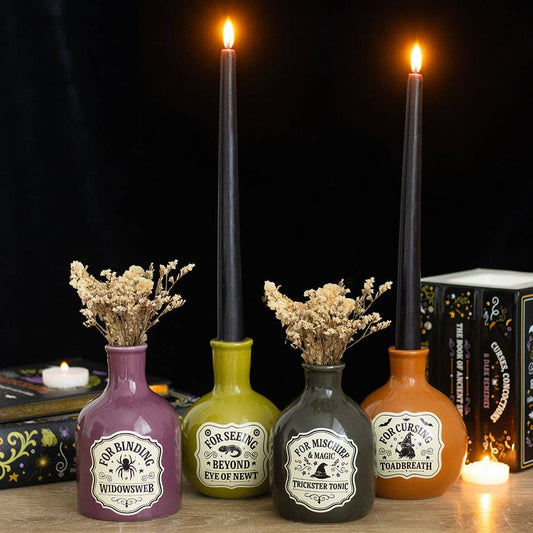 Set mit 4 Halloween-Trankflaschen-Vasen und Kerzenhaltern