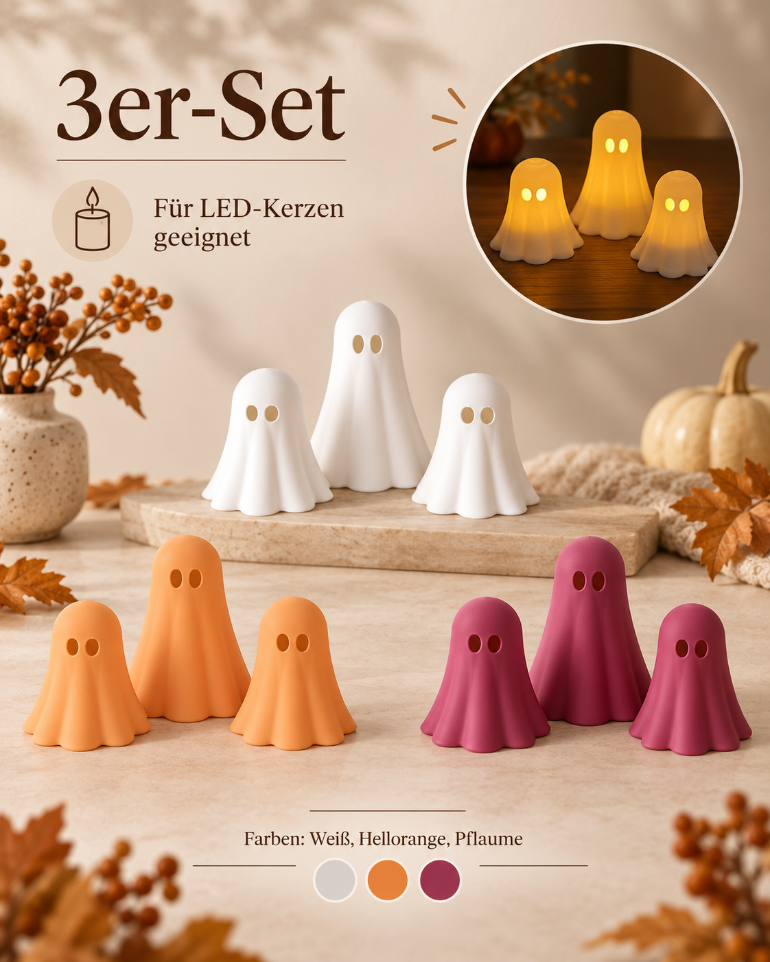 Leuchtende Geister im 3er-Set | Halloween-Deko
