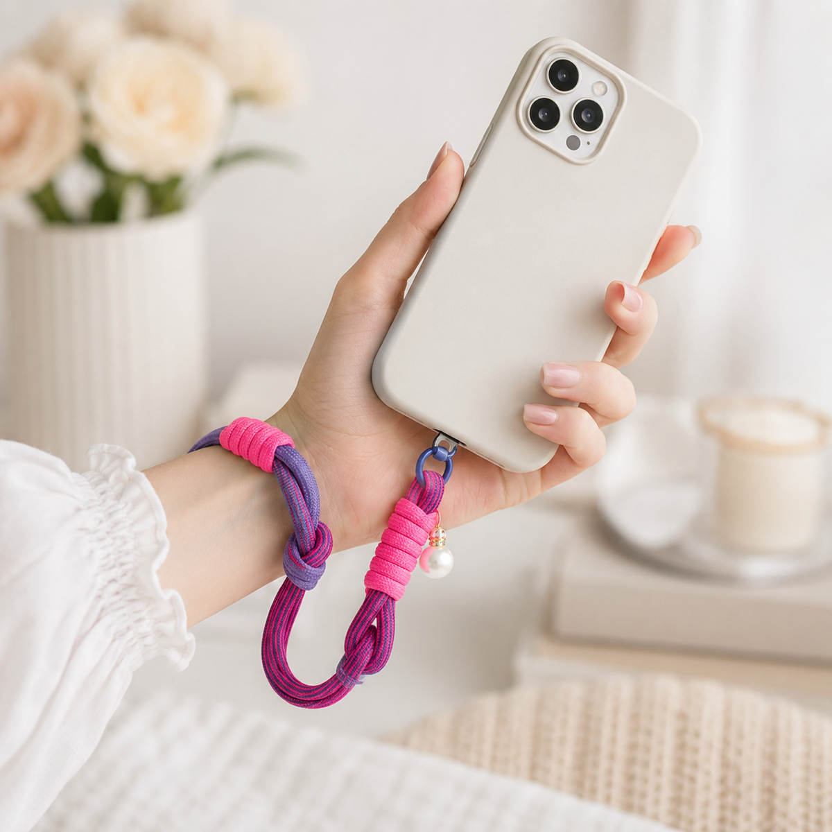Trendy Segeltau-Handykette mit Perle Pink, Lila