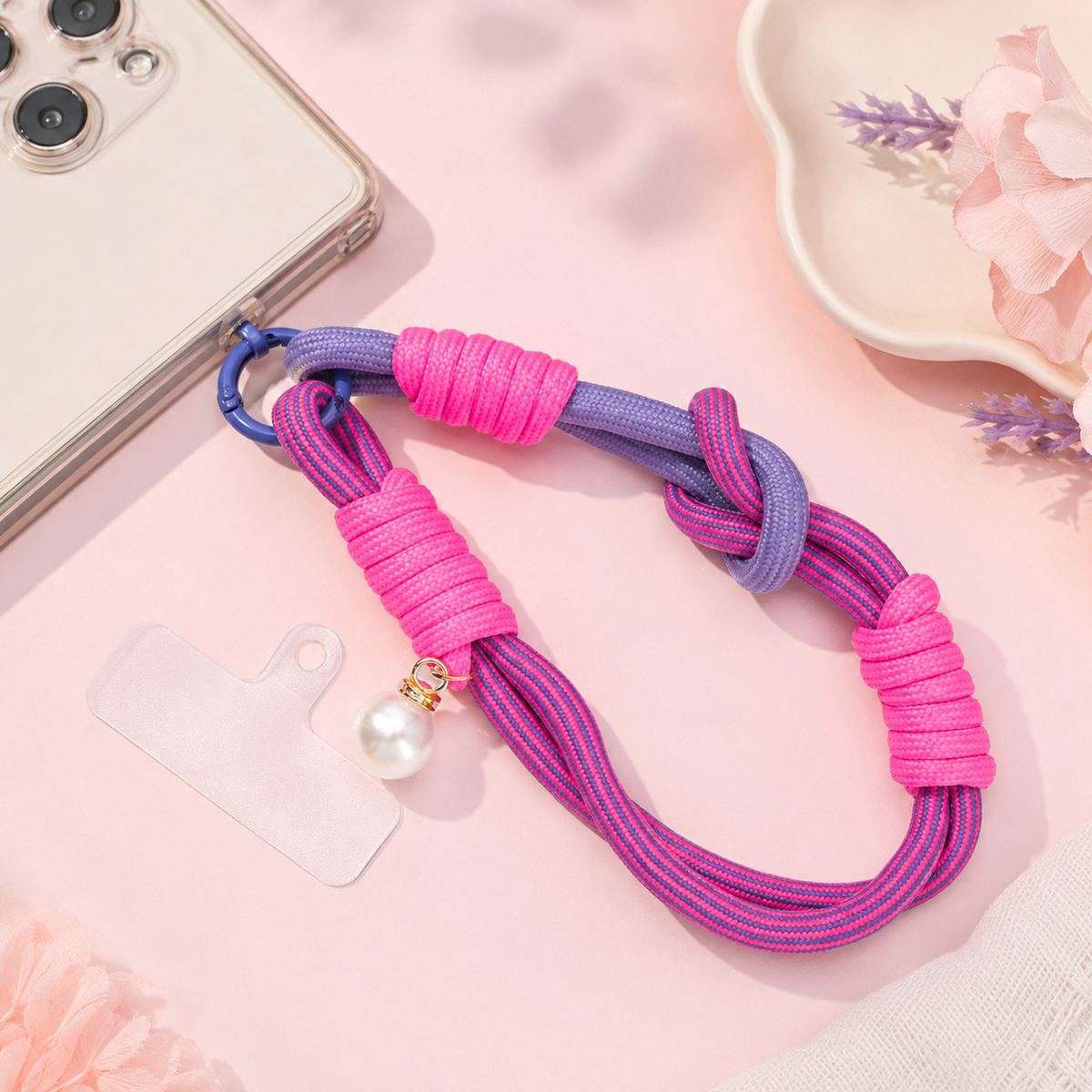 Trendy Segeltau-Handykette mit Perle Pink, Lila