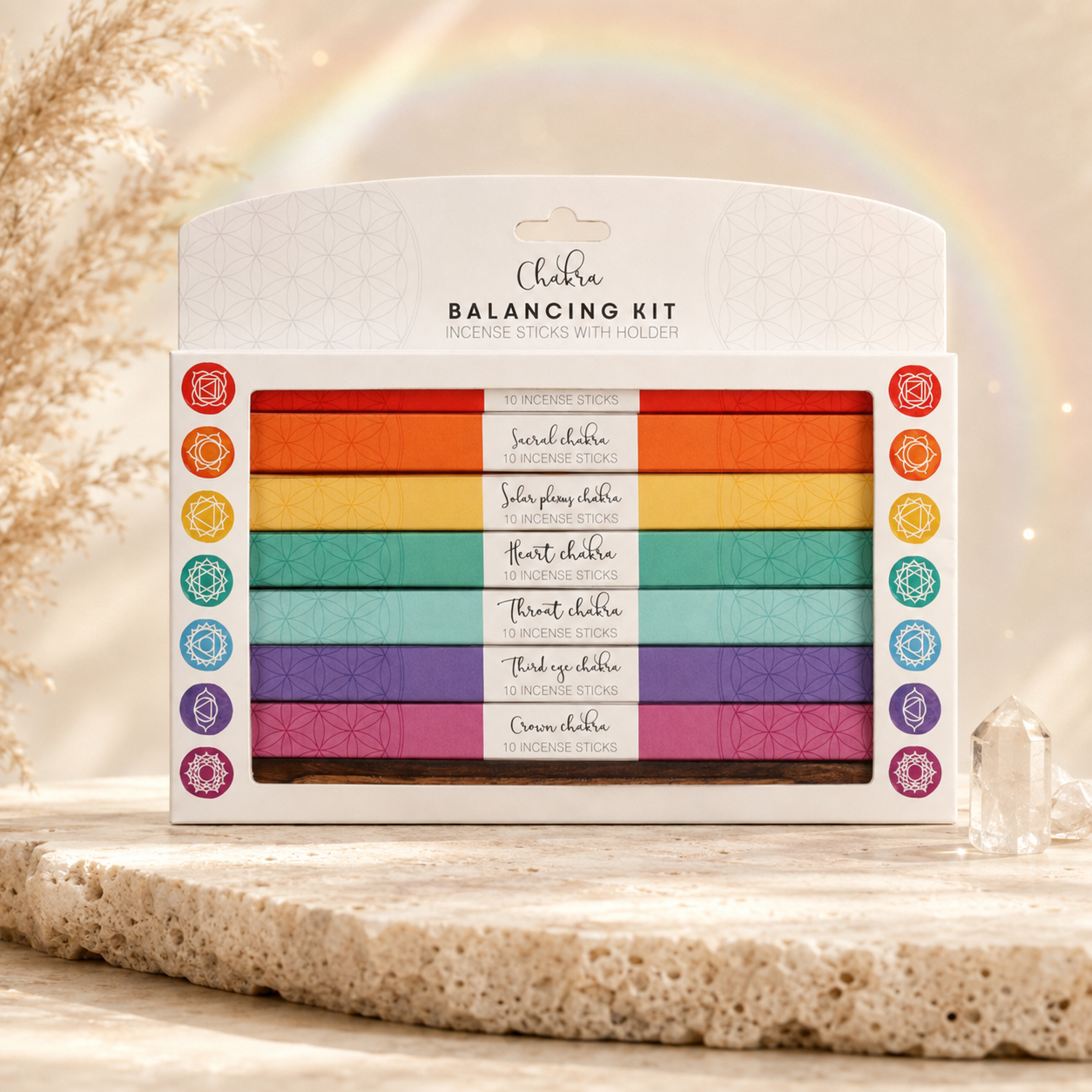Chakra-Räucherstäbchen-Set – 7 Düfte & 70 Räucherstäbchen inklusive Holzhalter