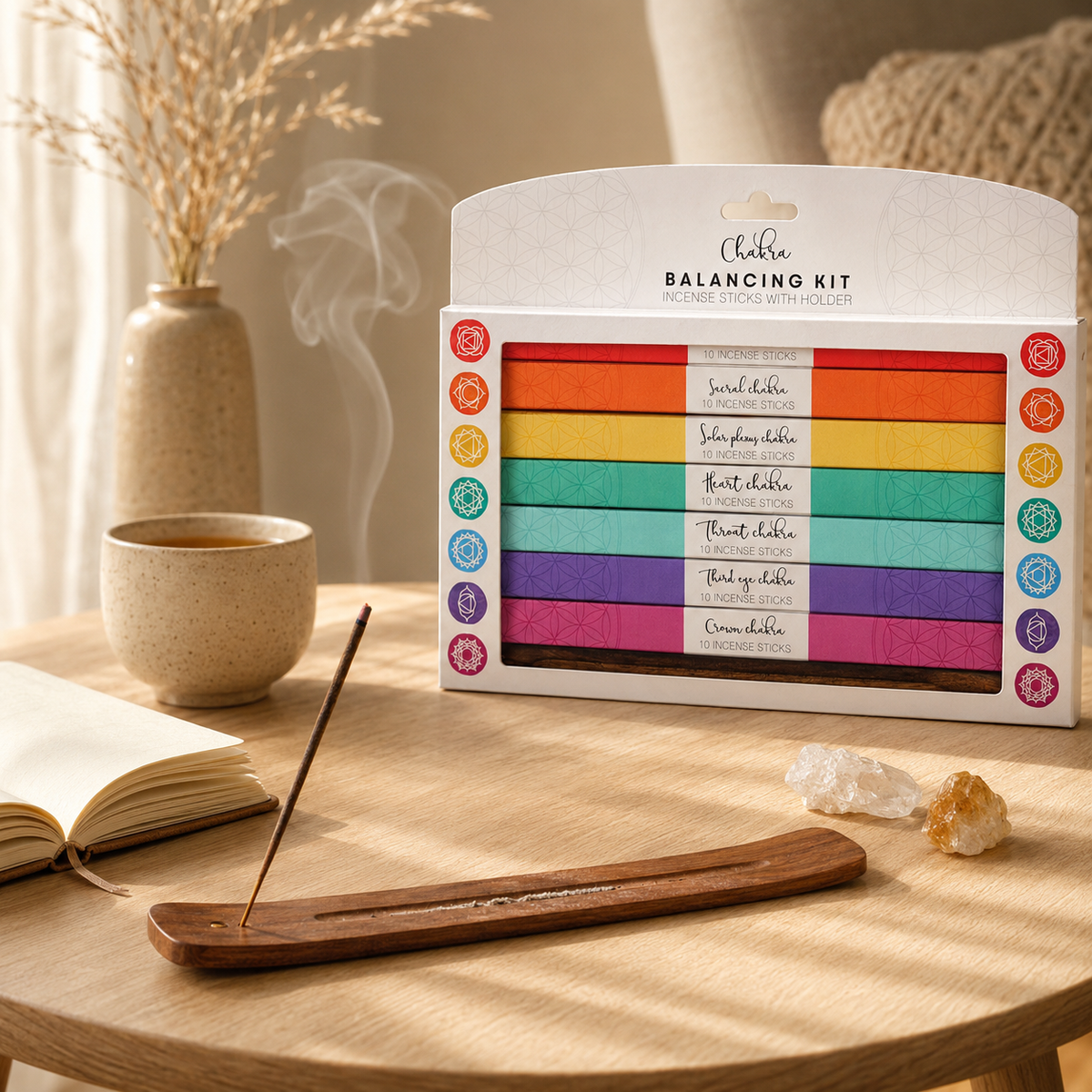 Chakra-Räucherstäbchen-Set – 7 Düfte & 70 Räucherstäbchen inklusive Holzhalter