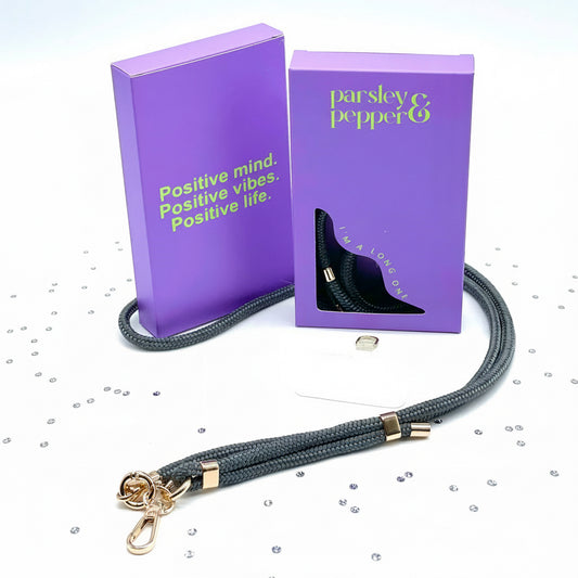 Handykette lang dunkelgrau gold