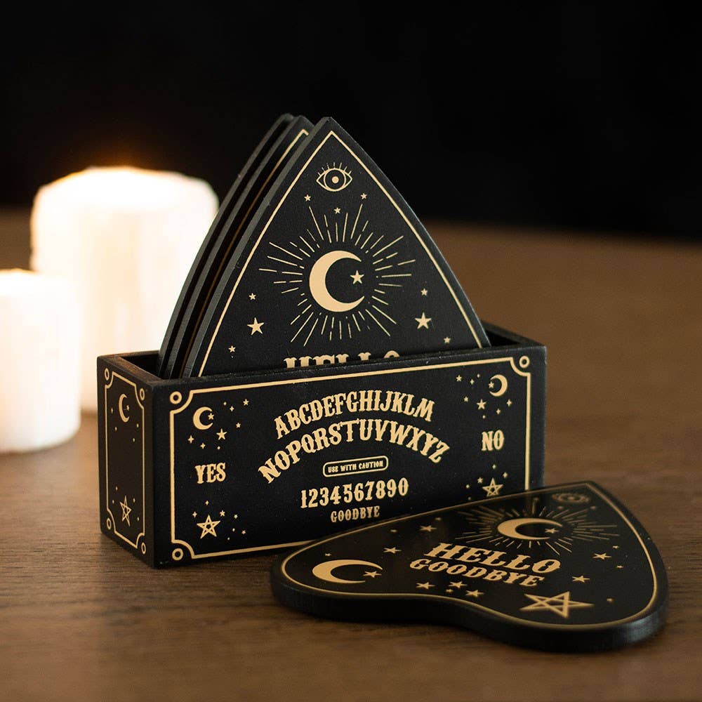 Schwarzes sprechendes gotisches Ouija-Brett Planchette Untersetzer-Set