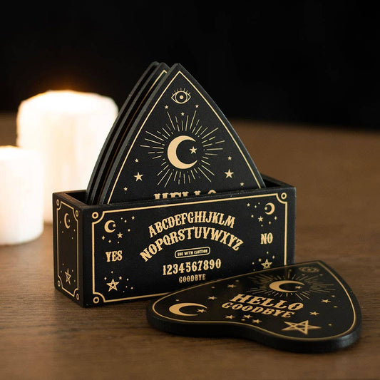 Schwarzes sprechendes gotisches Ouija-Brett Planchette Untersetzer-Set