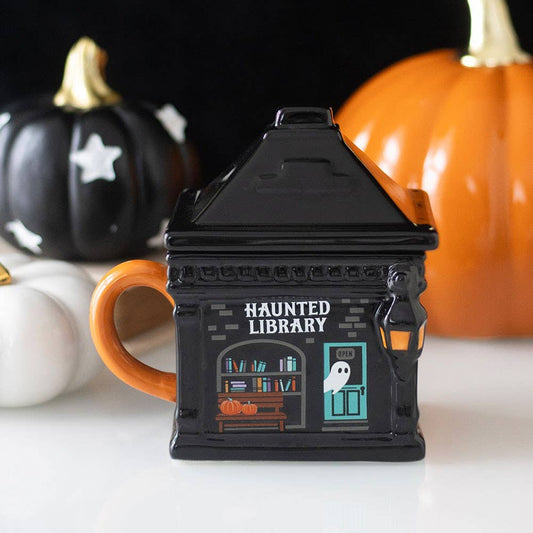 Halloween-Becher mit Deckel – Spukbibliothek