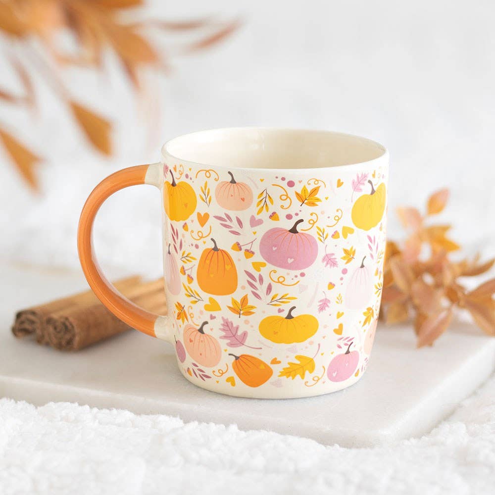 Herbsttasse mit Kürbisaufdruck in Pink und Orange