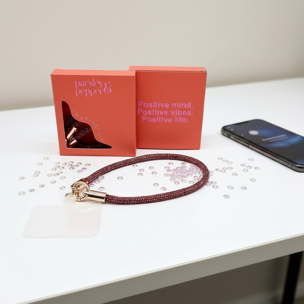 Handykette kurz Glitzer Weinrot