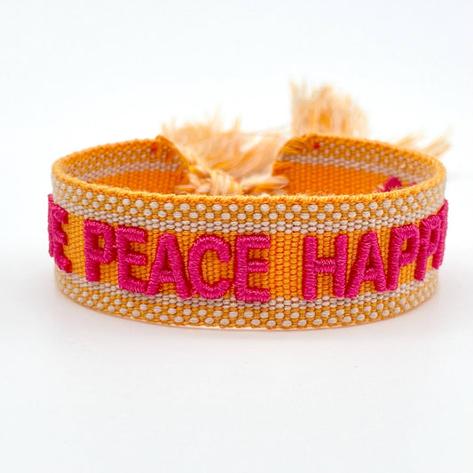LOVE PEACE HAPPINESS Statement Armband gewebt, bestickt
